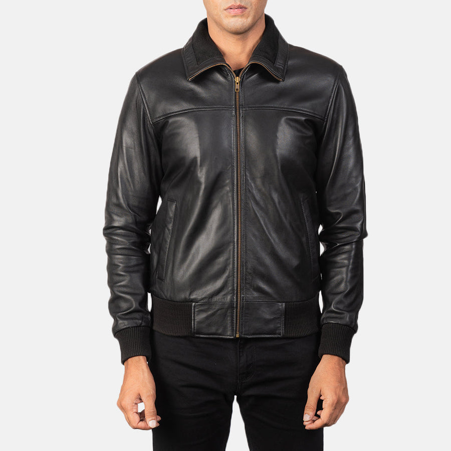 Men’s Sheepskin Leather Jacket with Rib Knit Collar – Semi-Aniline Finish