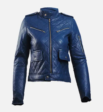 Women’s Sheepskin Leather Moto Jacket – Quilted Blue & Brown Design
