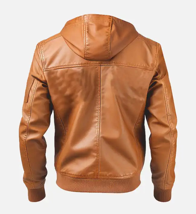 Women’s Sheepskin Leather Bomber Jacket – Brown with Hooded High-Neck Collar
