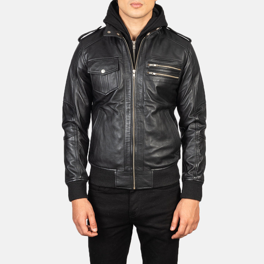 Men’s Sheepskin Leather Jacket with High-Neck Collar & Removable Hood