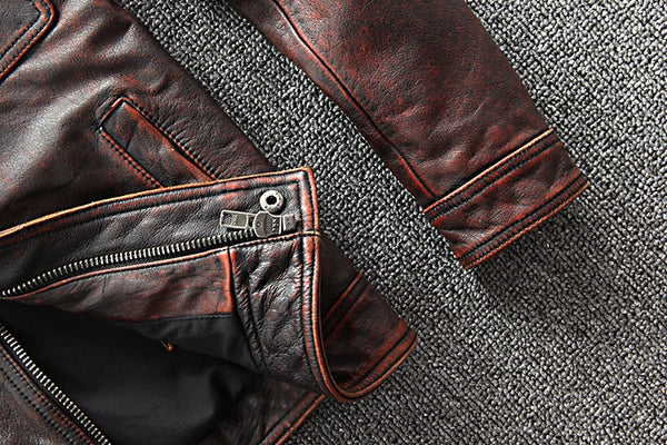 Men's Luxury Leather Jacket - Genuine Full Grain Cowhide, Biker Style, Soft and Rugged, Zip Closure