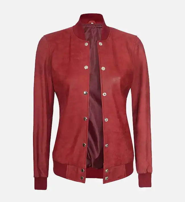 Women’s Sheepskin Rib Knit Style Leather Red Bomber Jacket