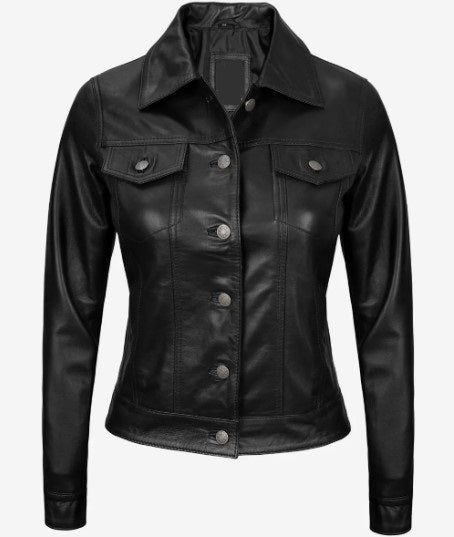 Women Four-Pocket Trucker Leather Jacket, Female's Classic Shirt Style Real Lambskin Leather Jacket