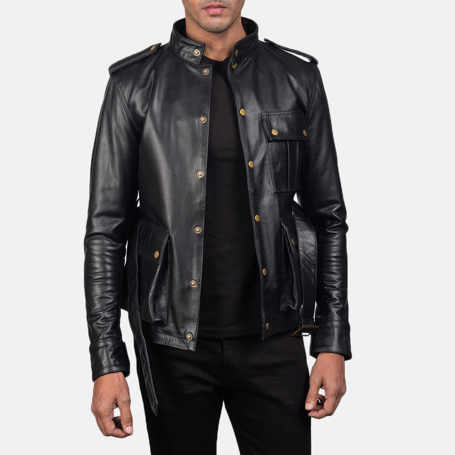 Men’s Black Semi-Aniline Cowhide Leather Jacket with Snap Button Closure