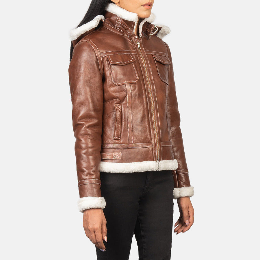 Women’s Sheepskin Leather Jacket with Faux Fur Lining & Removable Hood