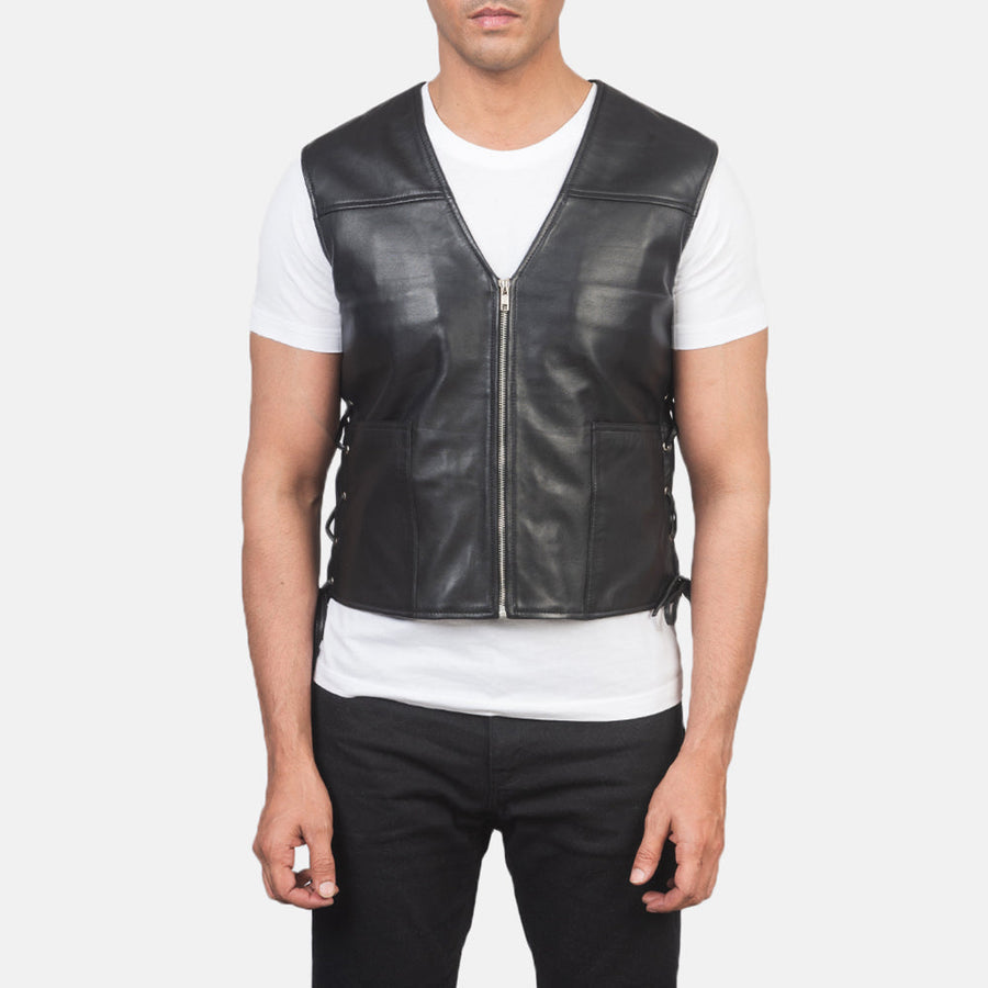 Men’s Black & Tan Brown Sheepskin Leather Vest with Leather Laces