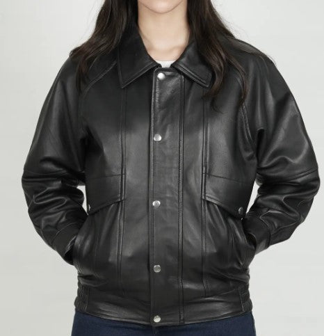 Women Oversized Bomber Leather Jacket, Female's Classic Real Lambskin Leather Jacket