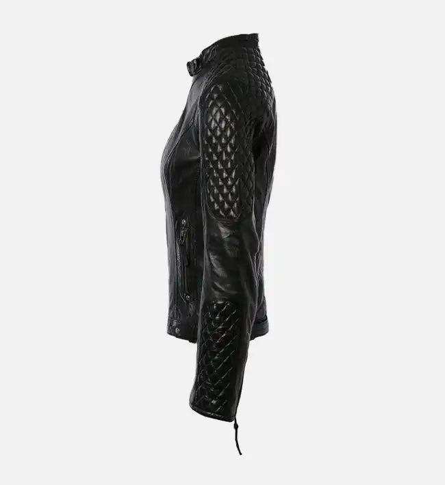 Women’s Sheepskin Short Quilted Shoulder Biker Leather Jacket