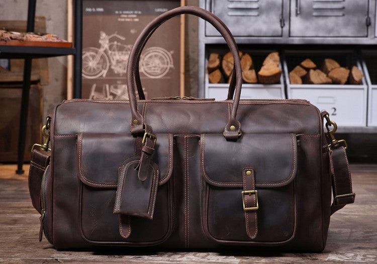 Genuine Crazy Horse Leather Duffle Bag with Shoe Compartment | Vintage Weekender Travel Bag