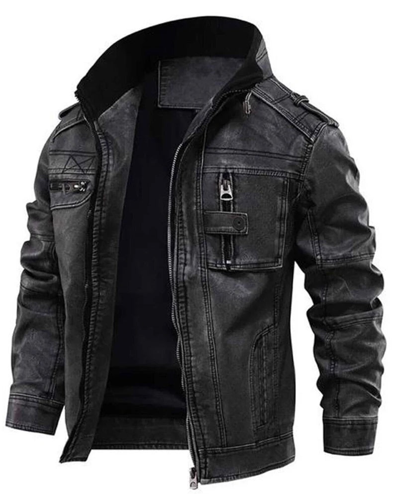 Men's Genuine Leather Biker Jacket - Black Full Grain Real Leather Moto Jacket with Zip Closure