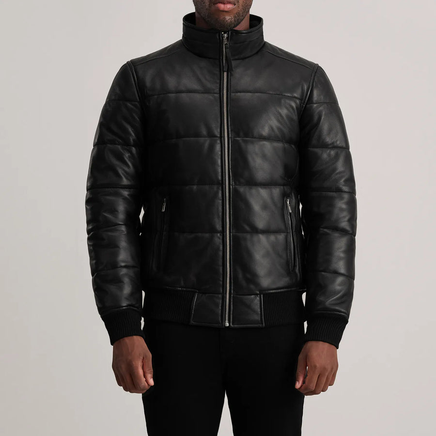 Men’s High-Neck Sheepskin Puffer Leather Jacket – Semi-Aniline Finish