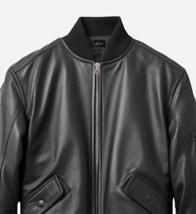 Men’s Sheepskin Leather Jacket – Black with Rib-Knitted Collar