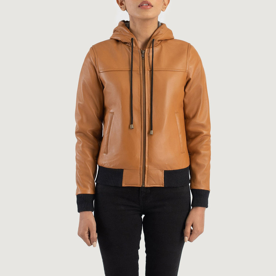 Women’s Hooded Sheepskin Leather Bomber Jacket with Fleece Lining