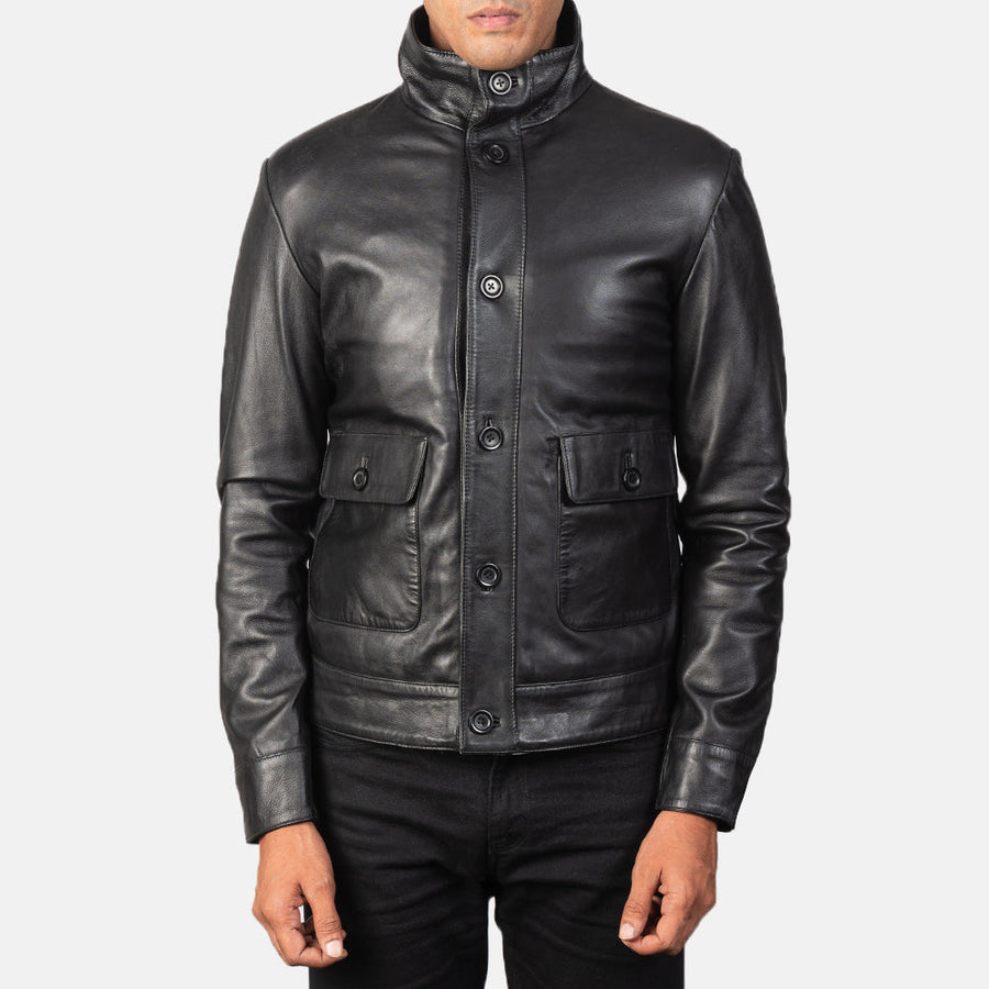 Men’s Sheepskin Leather Rider Jacket with High-Neck Buttoned Collar