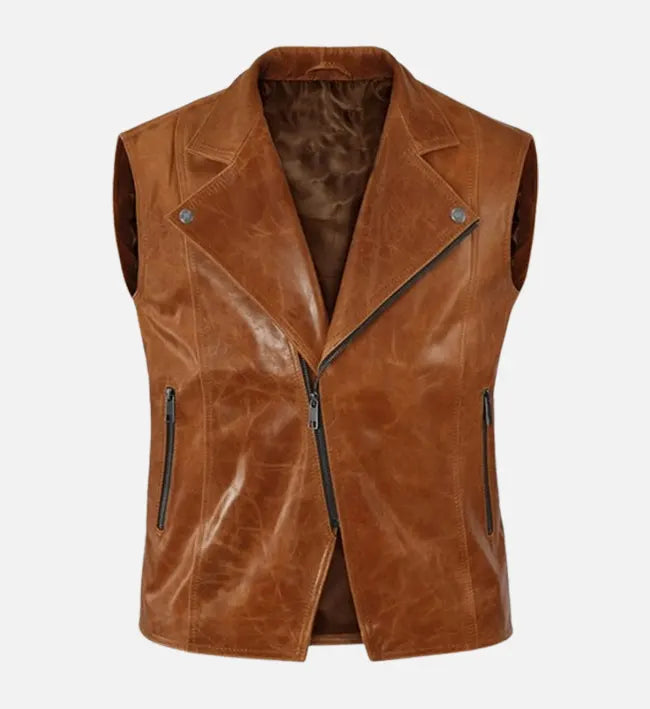 Men’s Brown Sheepskin Leather Vest with Asymmetrical Zipper – Vintage Minimalist Style
