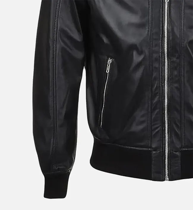 Men’s Sheepskin Snap Double Button Collar Black Leather Bomber Jacket