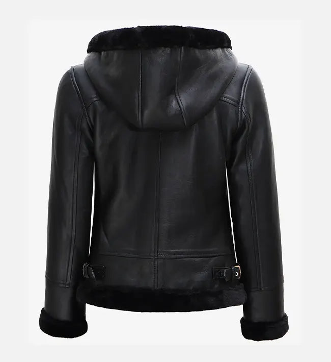 Women’s Sheepskin Leather Aviator Jacket – Black with Fur-Lined Hood