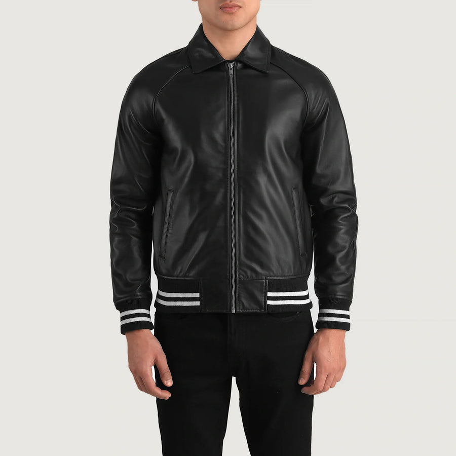 Men’s Semi-Aniline Sheepskin Leather Jacket with Rib Knit Cuffs & Hem
