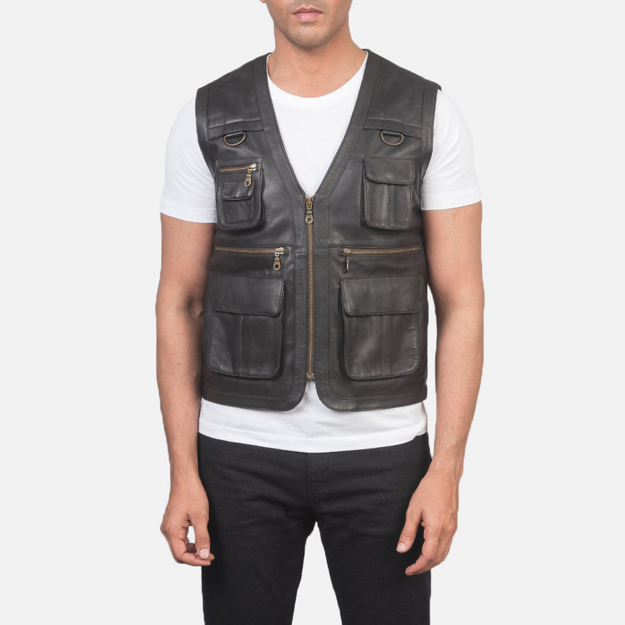 Men’s Brown Semi-Aniline Sheepskin Leather Vest with D-Rings
