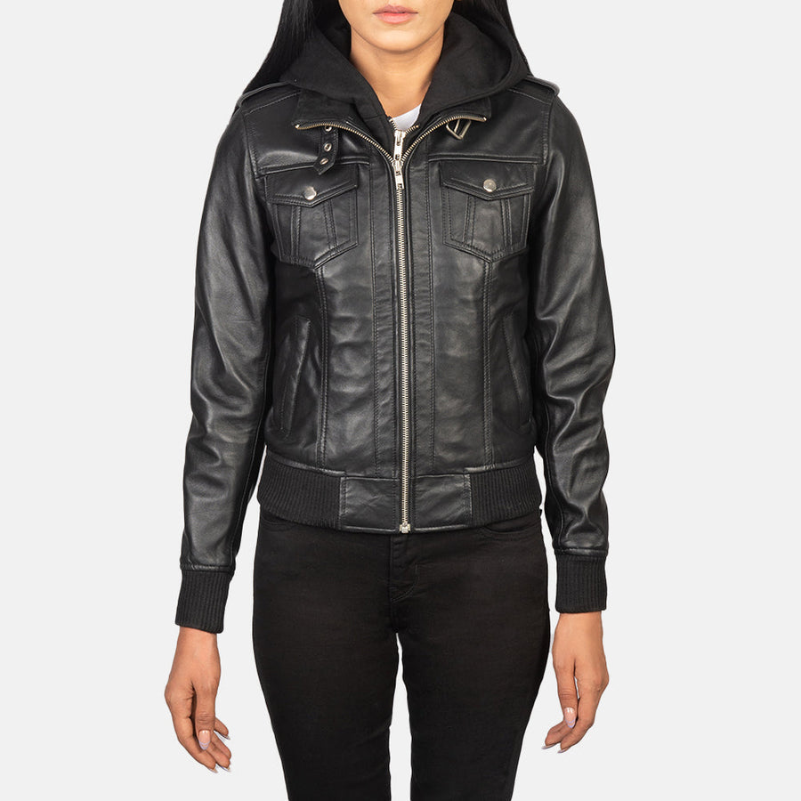 Genuine Sheepskin Leather Hooded Bomber Jacket For Women