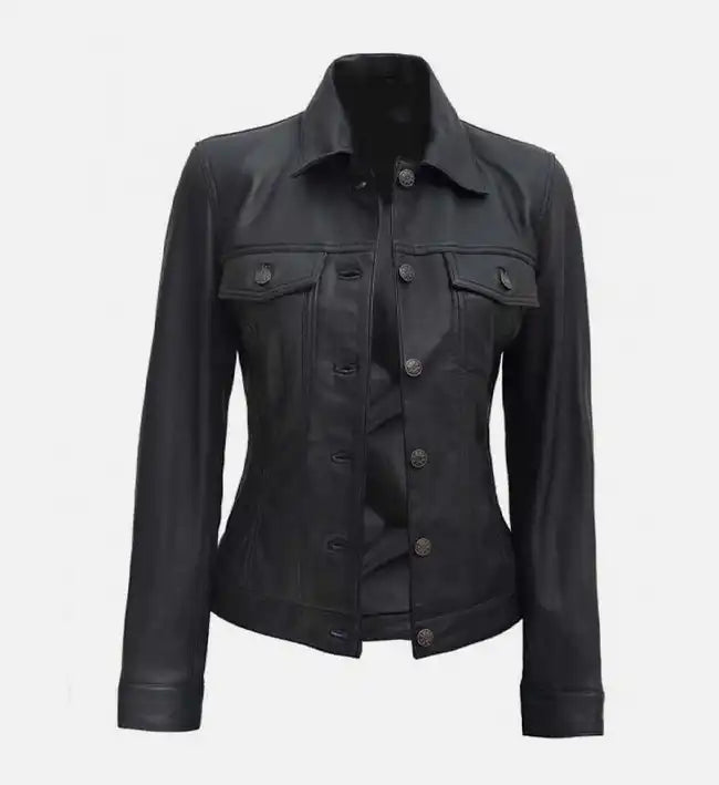 Women’s Sheepskin Leather Trucker Jacket – Brown with Shirt-Style Collar