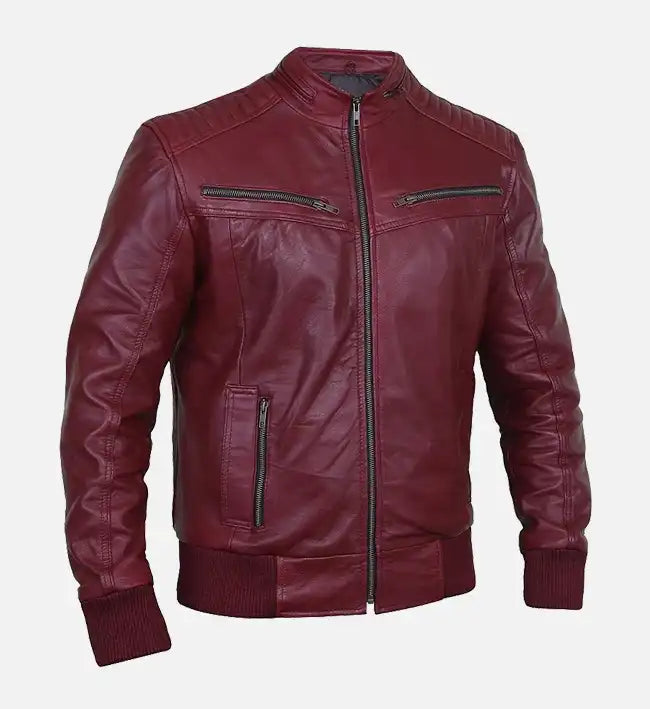 Men’s Sheepskin Leather Bomber Jacket – Red with Quilted Shoulders
