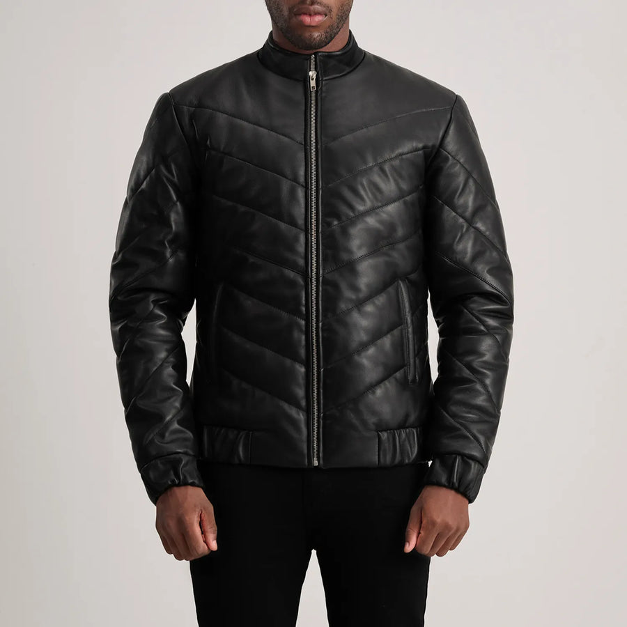 Men’s Sheepskin Real Leather Quilted Puffer Jacket with Band Collor