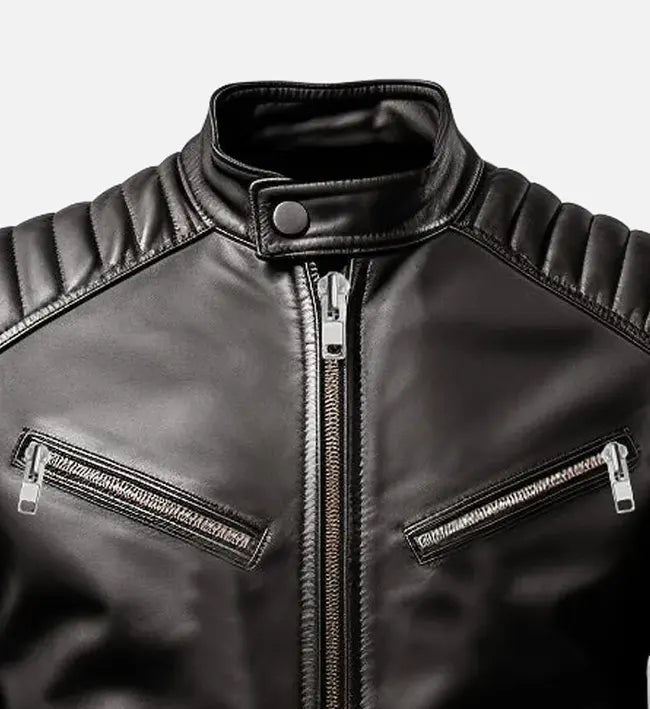 Genuine Sheepskin Leather Biker Jacket For Men – Black with Quilted Shoulder Detailing