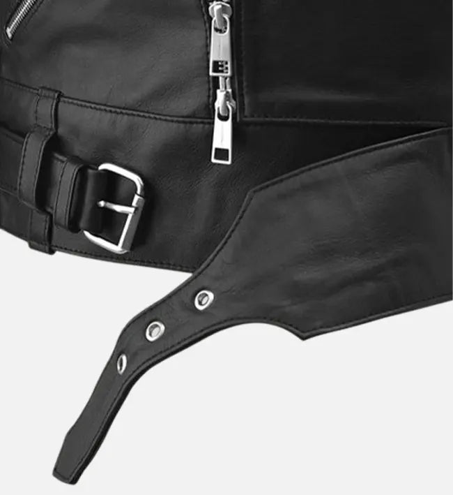 Men’s Black Sheepskin Leather Vest with Asymmetrical Zipper & Silver Hardware