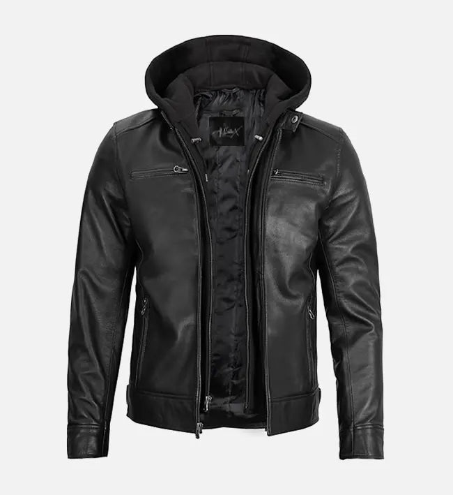 Men’s Sheepskin Leather Bomber Jacket – Black with Detachable Hood