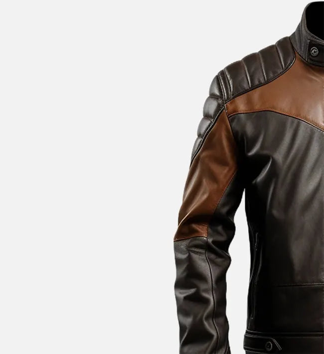 Men’s Café Racer Sheepskin Leather Jacket – Black & Brown Contrast