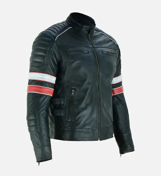 Men’s Sheepskin Red and White Striped Café Racer Leather Jacket