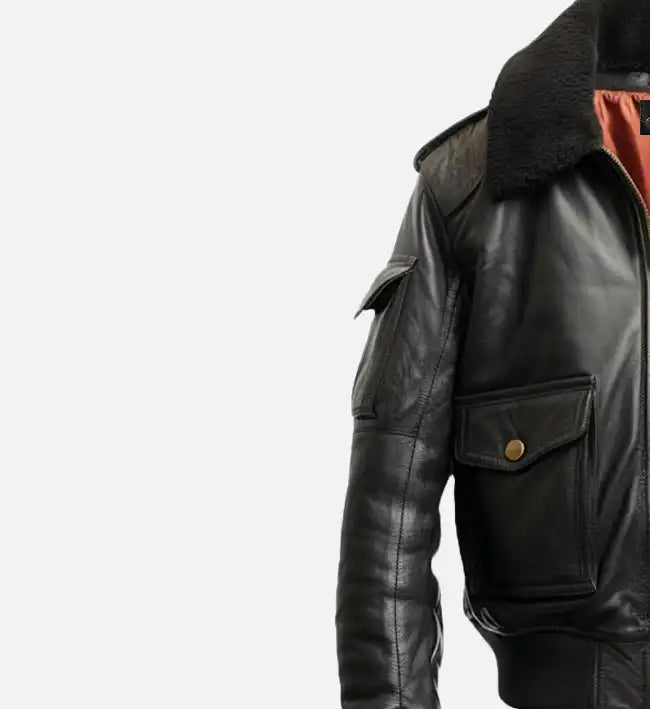 Men’s Aviator Sheepskin Leather Jacket – Black with Shearling Collar