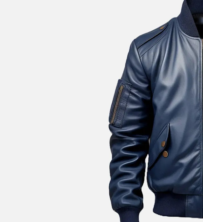 Men’s Blue Genuine Sheepskin Leather Bomber Jacket