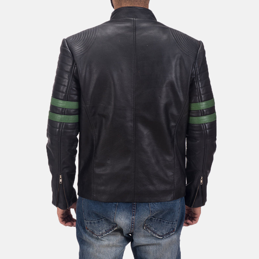 Men’s Black Genuine Cowhide Leather Jacket with Green Sleeve Stripes