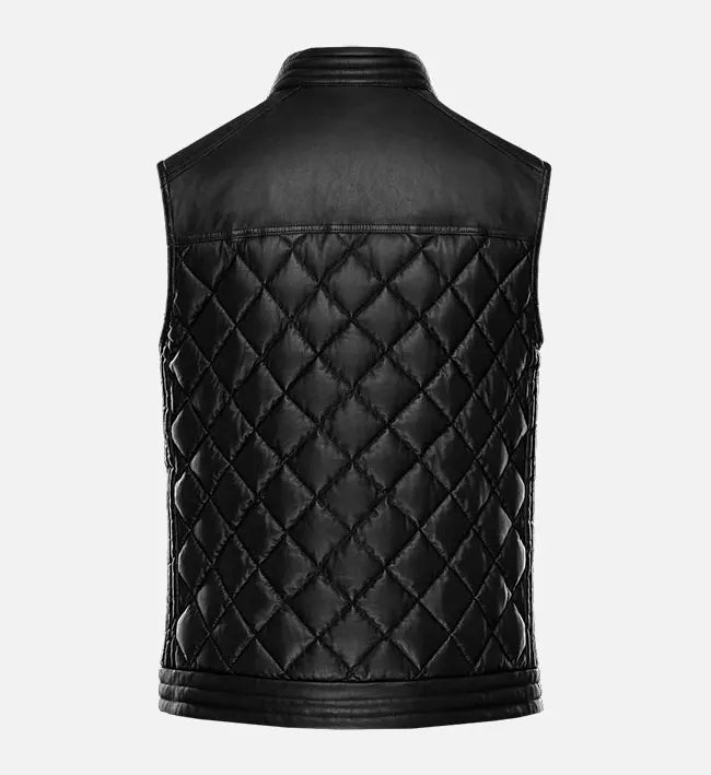 Men’s Black Sheepskin Leather Vest with Quilted Design & Stand-Up Collar