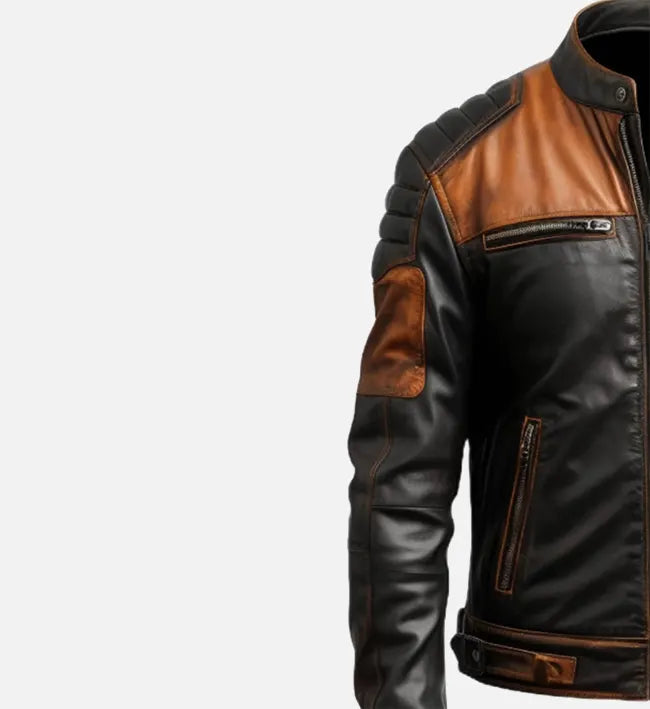 Men’s Sheepskin Black & Tan Brown Biker Leather Jacket