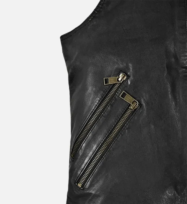 Men’s Black Sheepskin Leather Vest with Asymmetrical Zipper & Snap-Tab Waist