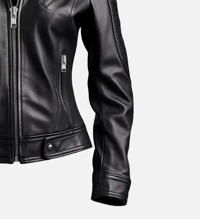 Women’s Black Sheepskin Leather Biker Jacket – Quilted Sleeves & Belted Waist