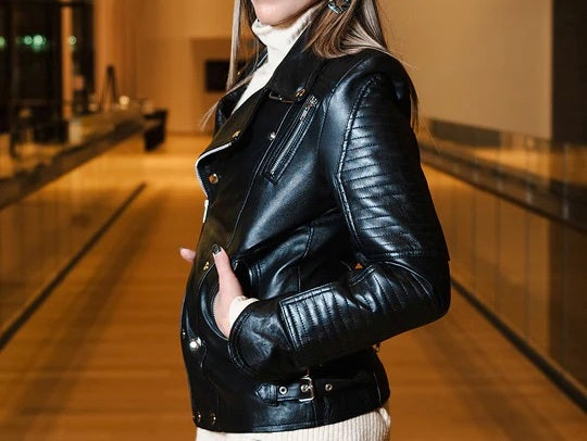 Women's Luxury Lambskin Leather Jacket - Meredith's Biker style jacket, Girls Slim Fit Cafe Racer Jacket