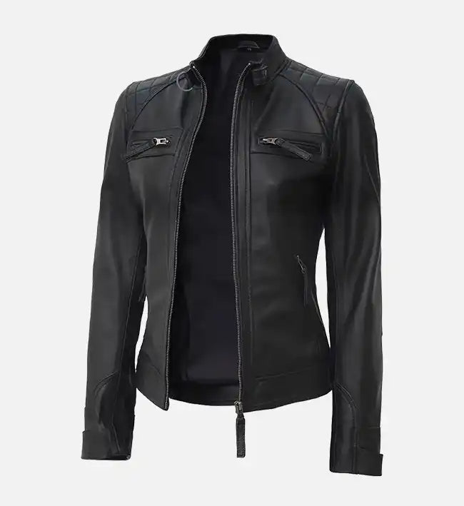 Women’s Sheepskin Black Quilted Café Racer Leather Jacket