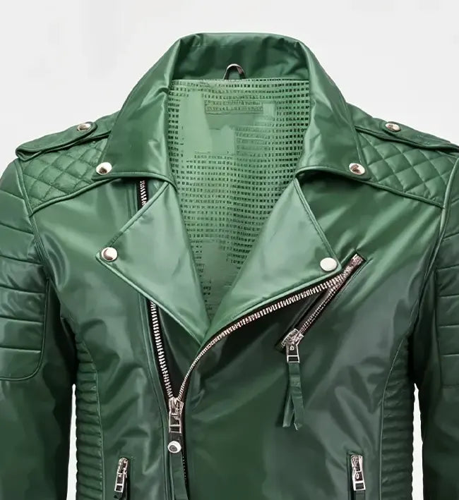 Men’s Sheepskin Green Moto Biker Slim Fit Leather Jacket