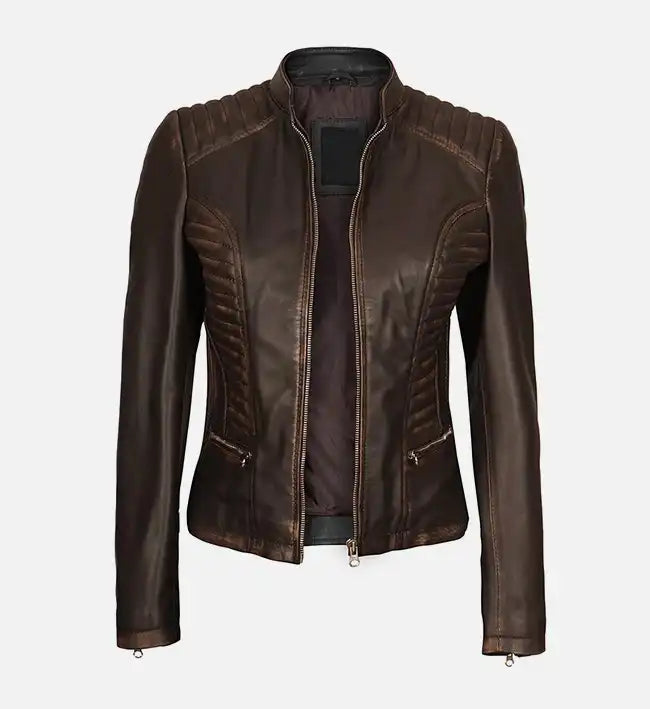 Women’s Sheepskin Dark Brown Rub-off Café Racer Leather Jacket