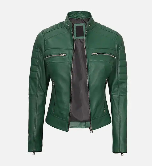 Women’s Sheepskin Leather Café Racer Jacket – Green & Beige with Quilted Shoulders