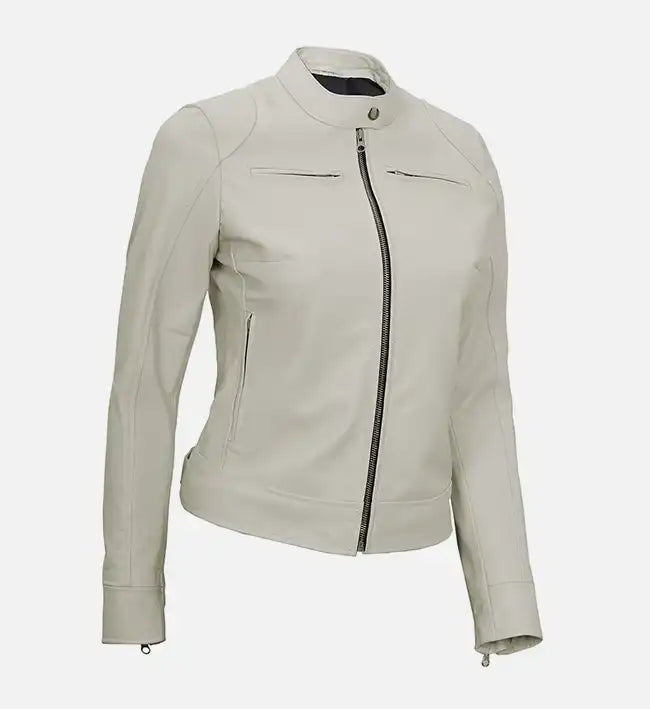 Women’s Sheepskin Leather Jacket – White & Yellow with Streamlined Design