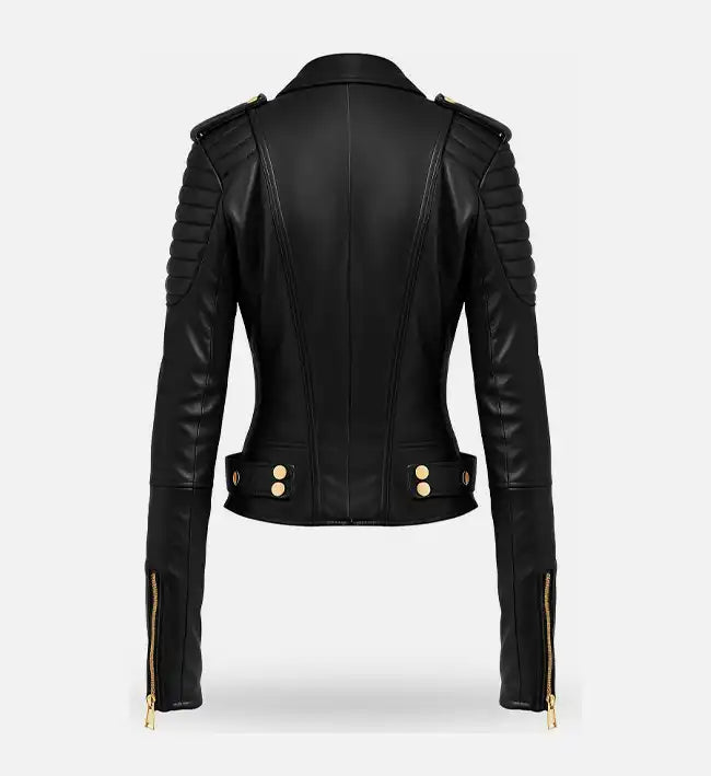 Women’s Black Sheepskin Leather Biker Jacket with Golden Hardware