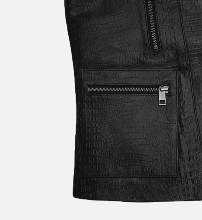 Men’s Black Croc-Embossed Sheepskin Leather Vest with Asymmetrical Zipper