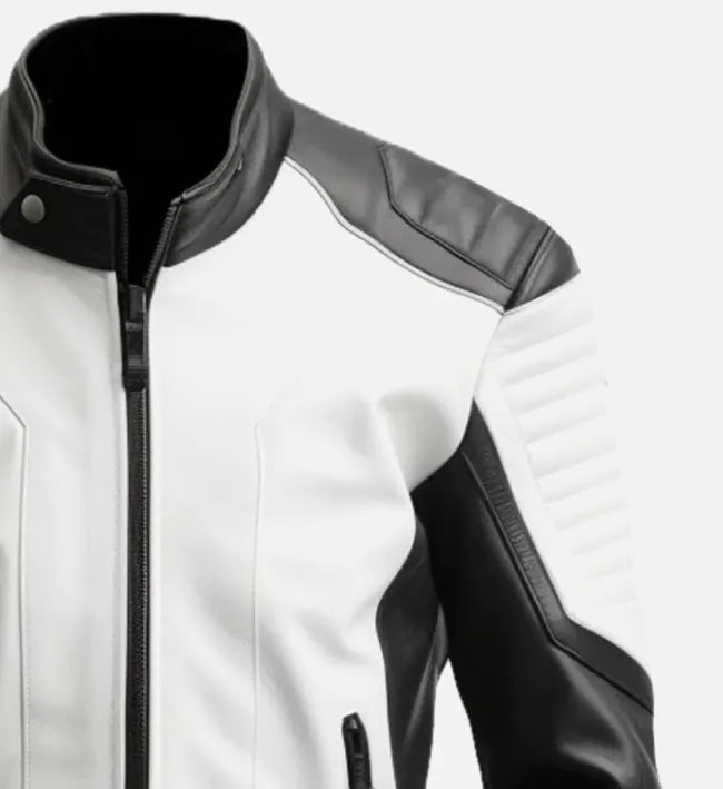 Men’s Sheepskin Leather Jacket – Black & White Contrast Color Blocking