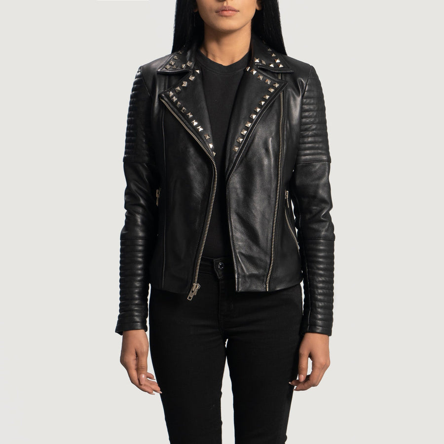 Genuine Sheepskin Studded Leather Biker Jacket For Women