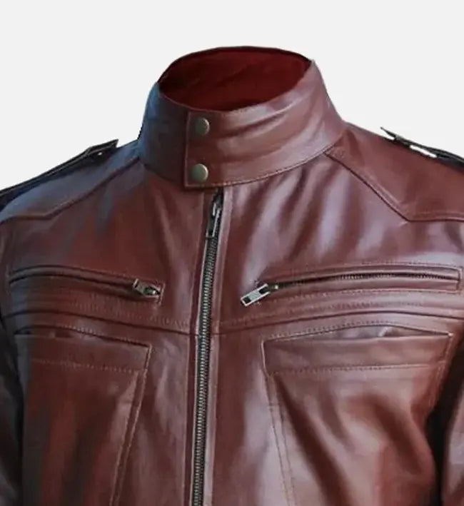 Men’s Sheepskin Leather Biker Jacket – Reddish Brown with Shoulder Epaulets